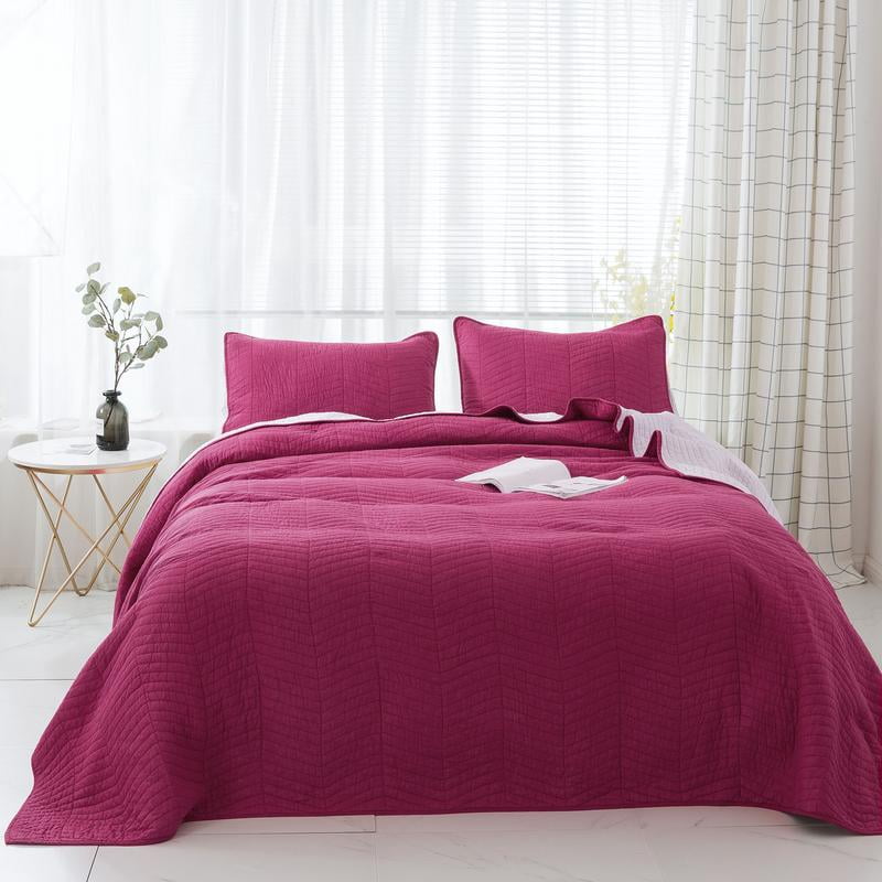 Striped Quilt Set Bedspread Sham Blue Reversible Blanket