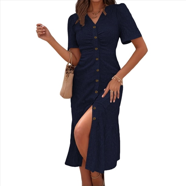 Vestido Veraniego Informal de Corta con Cuello en V para Mujer, con Botones y Estampado Floral, y Bolsillos Azul Marino L