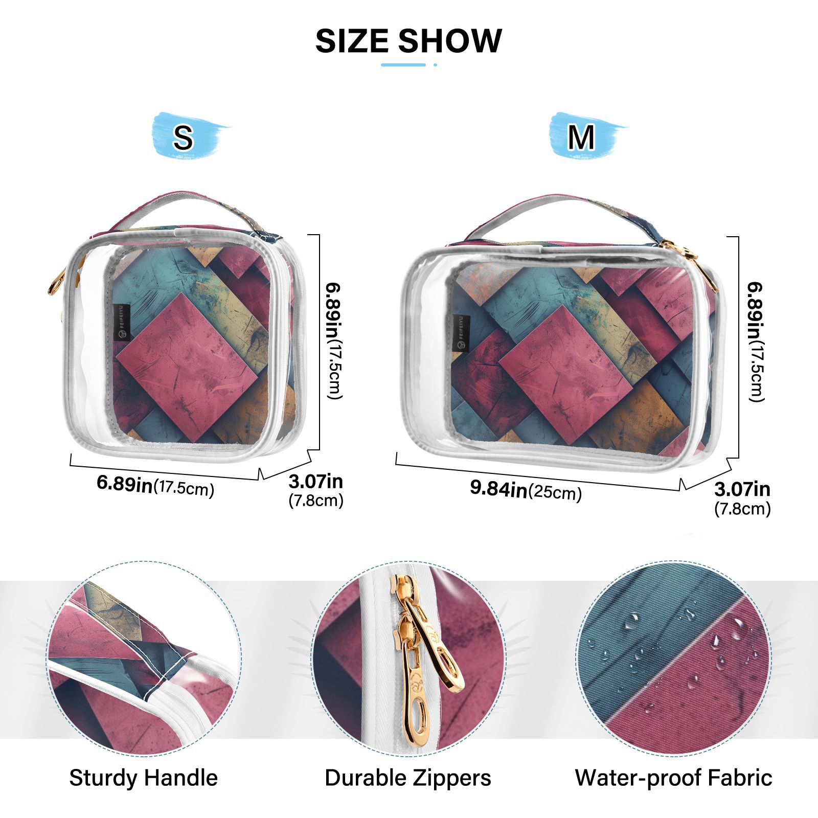 Clear Makeup Bags with Handle Large Opening 2 Pack Set Toiletry Bag Quart Size Bag, for Women Man Traveling Travel Essentials, Toiletries and Other. Colorful Grid