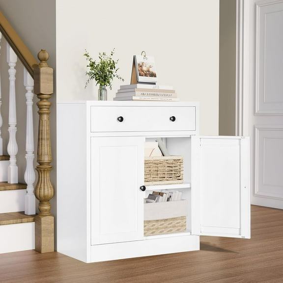 Buffet Storage Cabinet, Storage Cabinet with Drawer & Adjustable Shelf, Metal Sideboard Kitchen Storage Cabinet for Coffee Bar, Bathroom, Living Room, Entryway, Home Office, Natural, Pantry