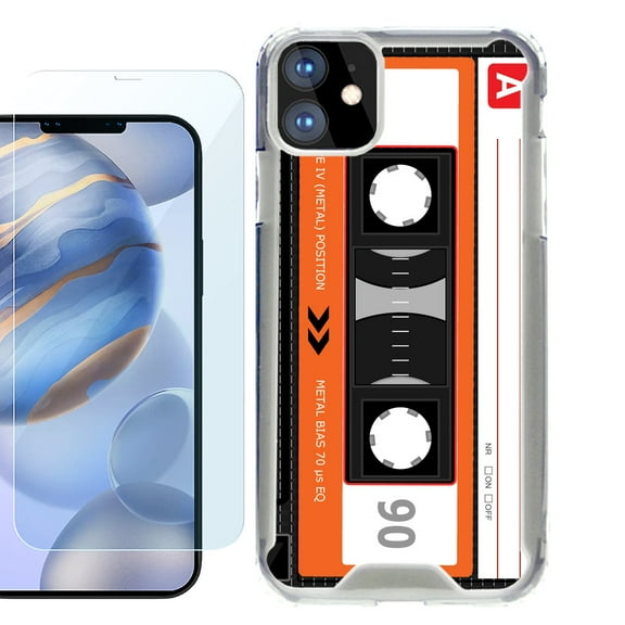 For Apple iPhone 12 Case, iPhone 12 Pro Case, Hybrid Bumper Phone case, with Tempered Glass Screen Protector, by OneToughShield ® - Cassette Orange