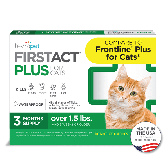 TevraPet FirstAct Plus Flea and Tick Prevention for Cats over 1.5 lbs, 3 Monthly Treatments