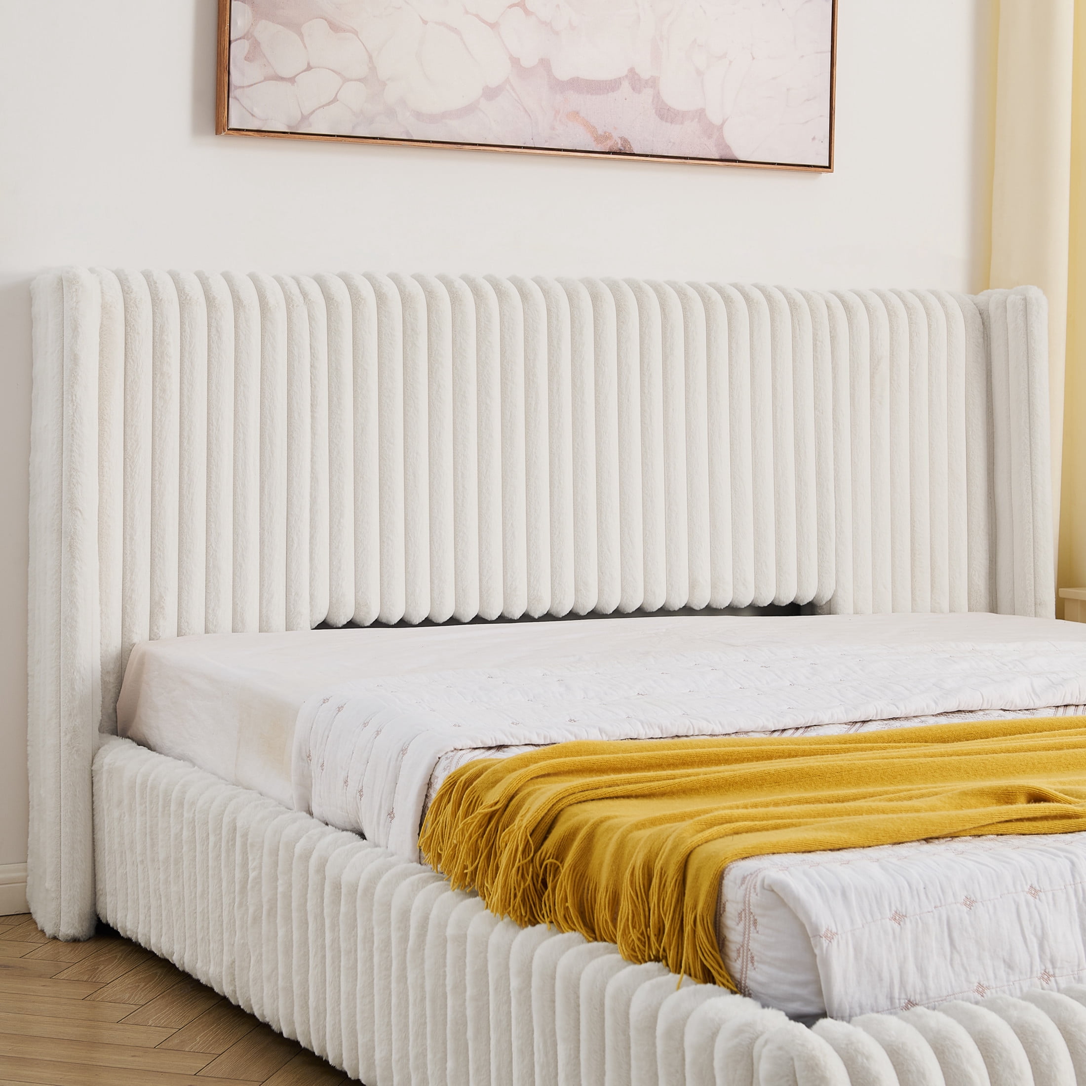 Noble House Renton King Size Platform Bed, Fluffy Faux Rabbit Fur Fabric Bed with Under-Bed Storage System, Beige