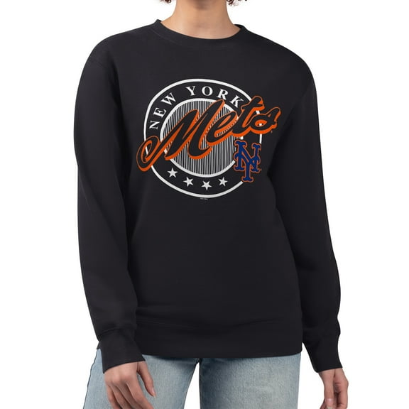 Women's G-III 4Her by Carl Banks Black New York Mets Pinstripe Circle Team Fleece Pullover Sweatshirt
