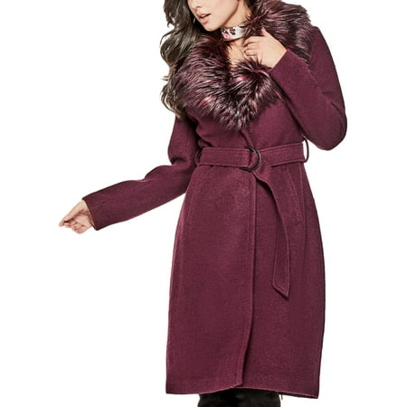 - Guess Womens Anna Faux Fur Collar Wool Blend Midi Coat Purple XS