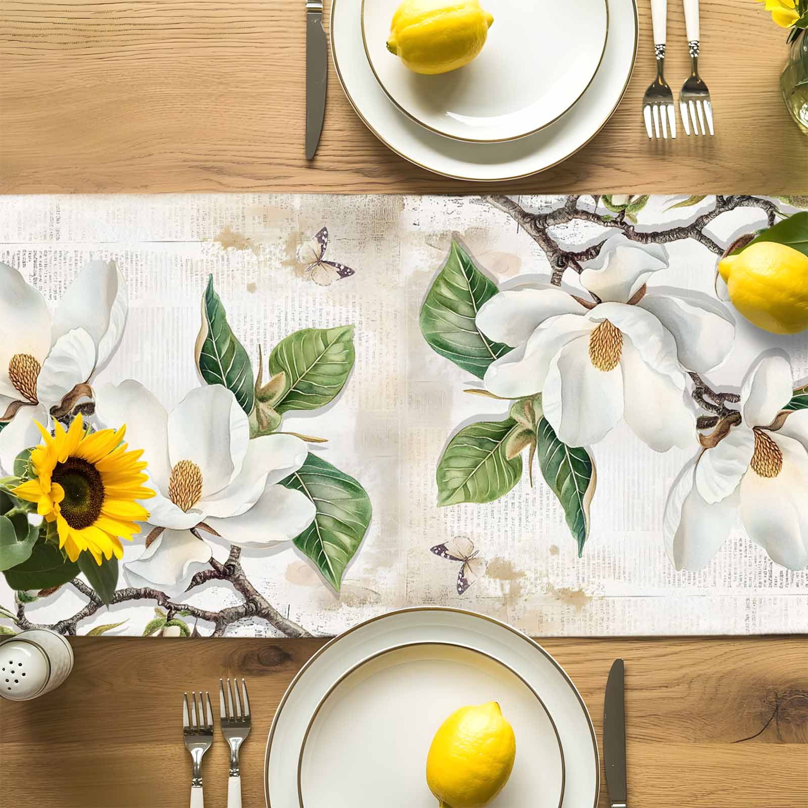 Retro Magnolia on Newspaper Table Runner 90 Inches Long, Butterfly White Floral Green Leaf Table Runners Tabletop Scarf Kitchen Dining Tables Decoration for Home Party Indoor Outdoor