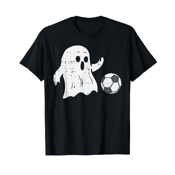 Ghost Playing Soccer Funny Football Halloween Costume Sports Black T-Shirt
