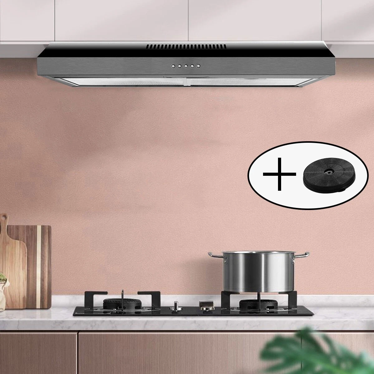Under Cabinet Range Hood 30 inch with Charcoal Filter,Ductless Range Hood w/ 3 Speed Exhaust Fan,Stainless Steel Black Range Hood w/LED Light,Push Button,Under Cabinet Kitchen Hood