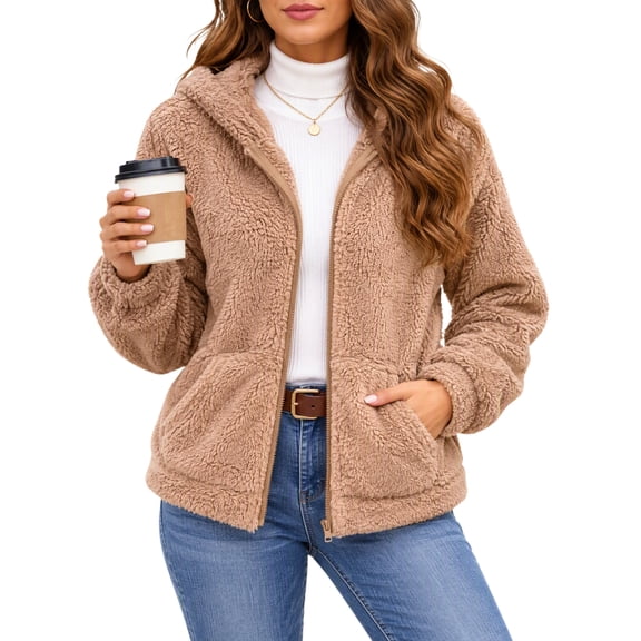 Fleece Jacket for Women Hooded Zip Up Sherpa Coat Long Sleeve Fall Winter Warm Casual Outerwear with Pockets