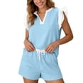 thumbnail image 2 of Bloomae Womens 2 Piece Lounge Sets Summer Outfits Color Block V Neck Ruffle Cap Sleeve Tops and Drawsting Elastic Waist Shorts Loose Comfy Beach Vacation Matching Set Light Blue M, 2 of 10