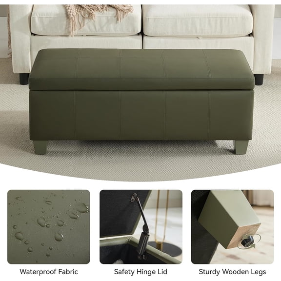 41" Faux Leather Storage Ottoman, Stitch Tufted Rectangle Upholstered End of Bed Storage Bench, Entryway Large Couch Ottoman with Wooden Legs,Green