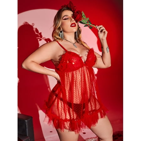 

Women s Plus Bow Decor Mesh Slips With Thong 2022 Red Romantic A044W