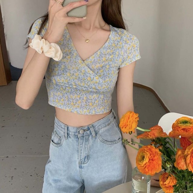 Mujeres Slim corto Top V cuello transpirable moda todo fósforo manga corta Camiseta para verano