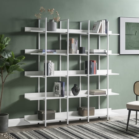 70.9×10.2×70.7 Inch Brown 5-Tier Industrial Open Bookshelf, MDF Board & Powder Coated Steel Frame, 80 Lbs Per Shelf Total 400 Lbs Load Anti-Tip Design Easy Assembly for Home Office Storage