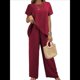 thumbnail image 1 of Conjunto de Dos Piezas de Verano para Mujer, Corta, Cuello Redondo, Pierna , Pantalón . Vino Tinto S, 1 of 7