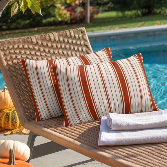 Outdoor Pillow Covers,Modern Minimalist Red Stripes Decorative Throw Pillow Cover Waterproof Pillowcase Set of 2,Linen Cushion Case for Sofa Couch Bed 20x12 Inch,Farmhouse Line on Beige