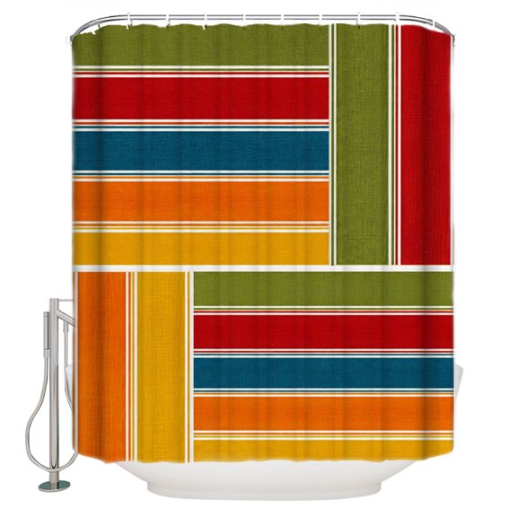 Bohemia Bathroom Shower Curtains with 12 Hooks Polyester Waterproof Shower Curtain for Stalls and Bathtubs Retro Minimalist Geometric Stripes Patchwork Rustic Decorative Bathroom Curtain 72x84 Inches