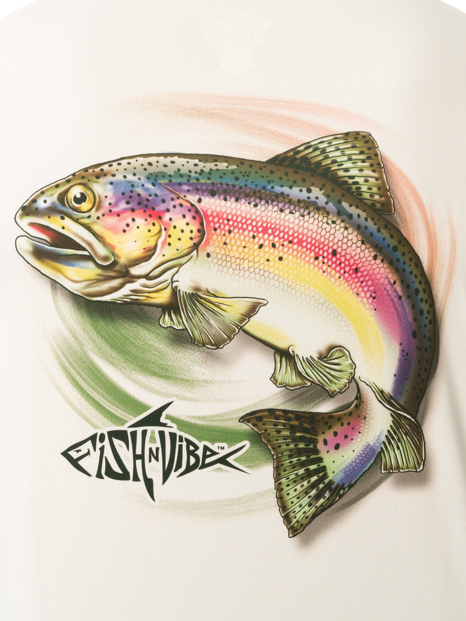 Fish N Vibe Men's Long Sleeve Performance Fishing Graphic Tee, Cream Swirly Rainbow Trout, Medium
