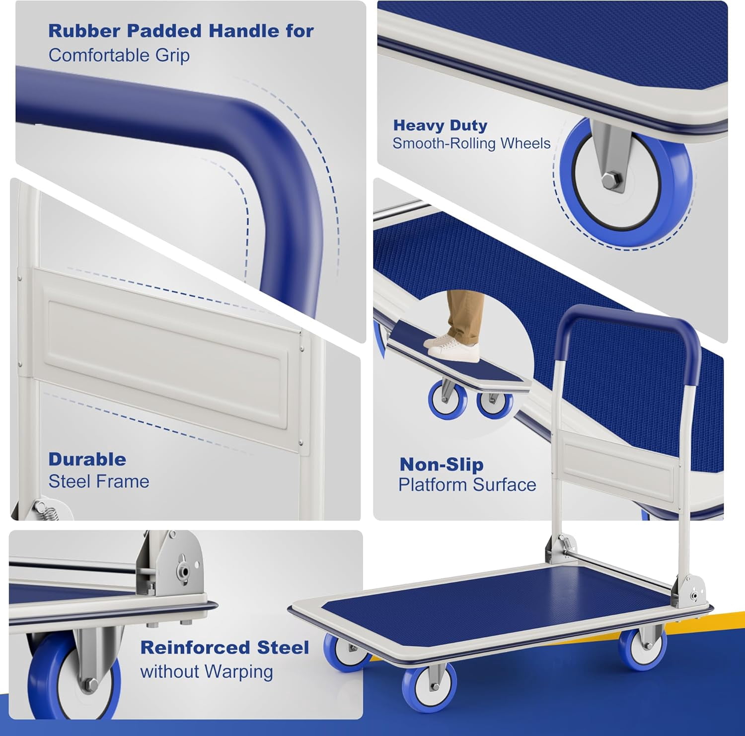 Foldable Push Cart Dolly | 660 lbs. Capacity | Heavy Duty Moving Platform Hand Truck with Swivel Wheels | Small Flatbed Cart | Space Saving Push Handle-b6