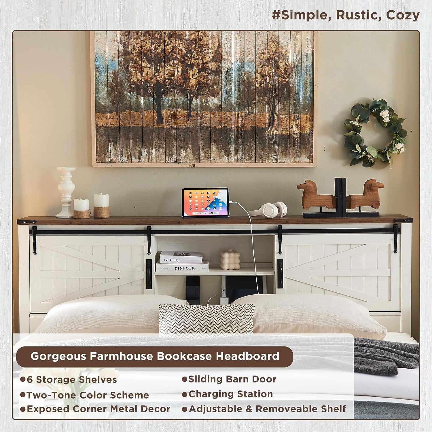 OKD Modern Farmhouse King Platform Bed with Bookcase Headboard Storage and Charging Station, No Box Spring Needed, Anitique White