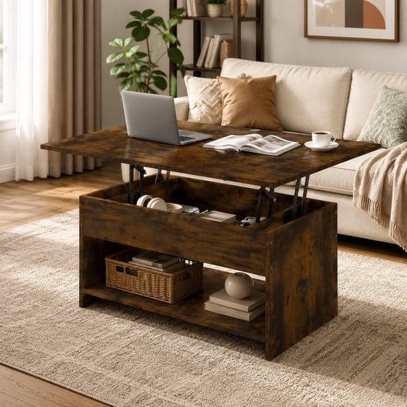 Manxile Farmhouse Lift Top Coffee Table, Wooden Coffee Table with Hidden Compartments and Shelves for Living Room