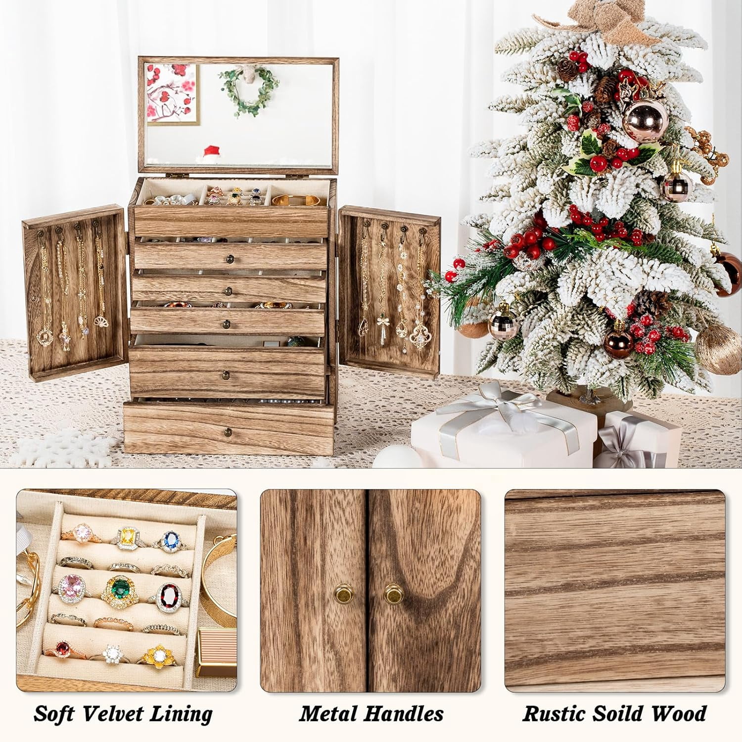 Sfugno Jewelry Box,  6-Tier Large Wooden Jewelry Organizer Boxes for Women, Wood jewlery Storage Display for Rings Earrings Necklaces,Brown