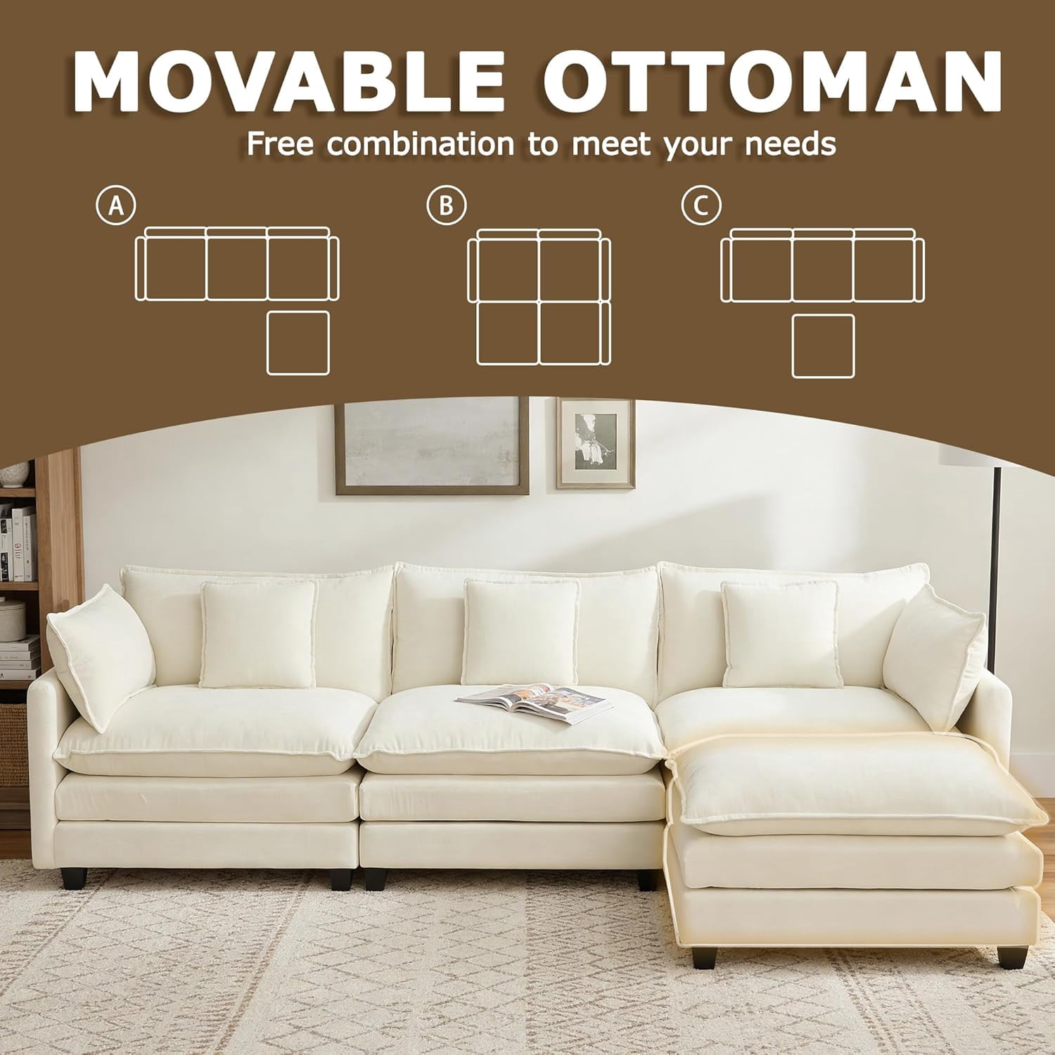 Howcool 113" Modular Sectional Sofa with Movable Ottoman, L Shaped Comfy Cloud Couch, Deep Seat 3-Seat Convertible Sofa, USB Ports & Side Pockets, Chenille Fabric,Beige