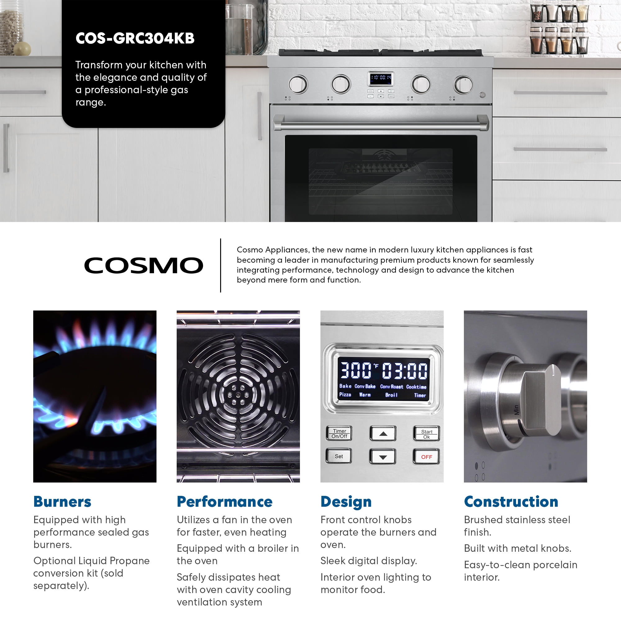 Cosmo 30 in. Lumin Collection 4.8 cu. ft. Gas Range with 4 Sealed Gas Burners and Convection Oven in Stainless Steel