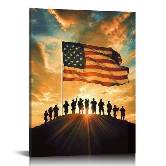 GooTPa 4th of July Patriotic Canvas Wall Art, American Flag and Soldier Silhouette Canvas Prints Wall Art for Living Room Bathroom Bedroom Office, Art Print Painting for Home Decorations - 12x16in