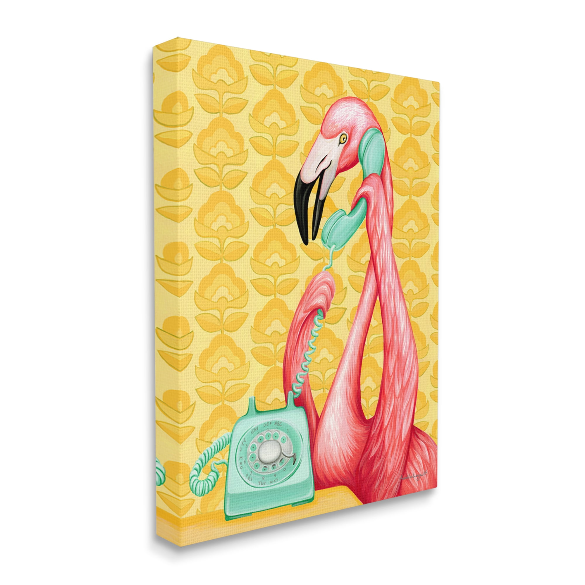 Stupell Industries Flamingo Calling Dial Telephone Groovy Flowers Wallpaper Graphic Art Gallery Wrapped Canvas Print Wall Art, Design by Amelie Legault
