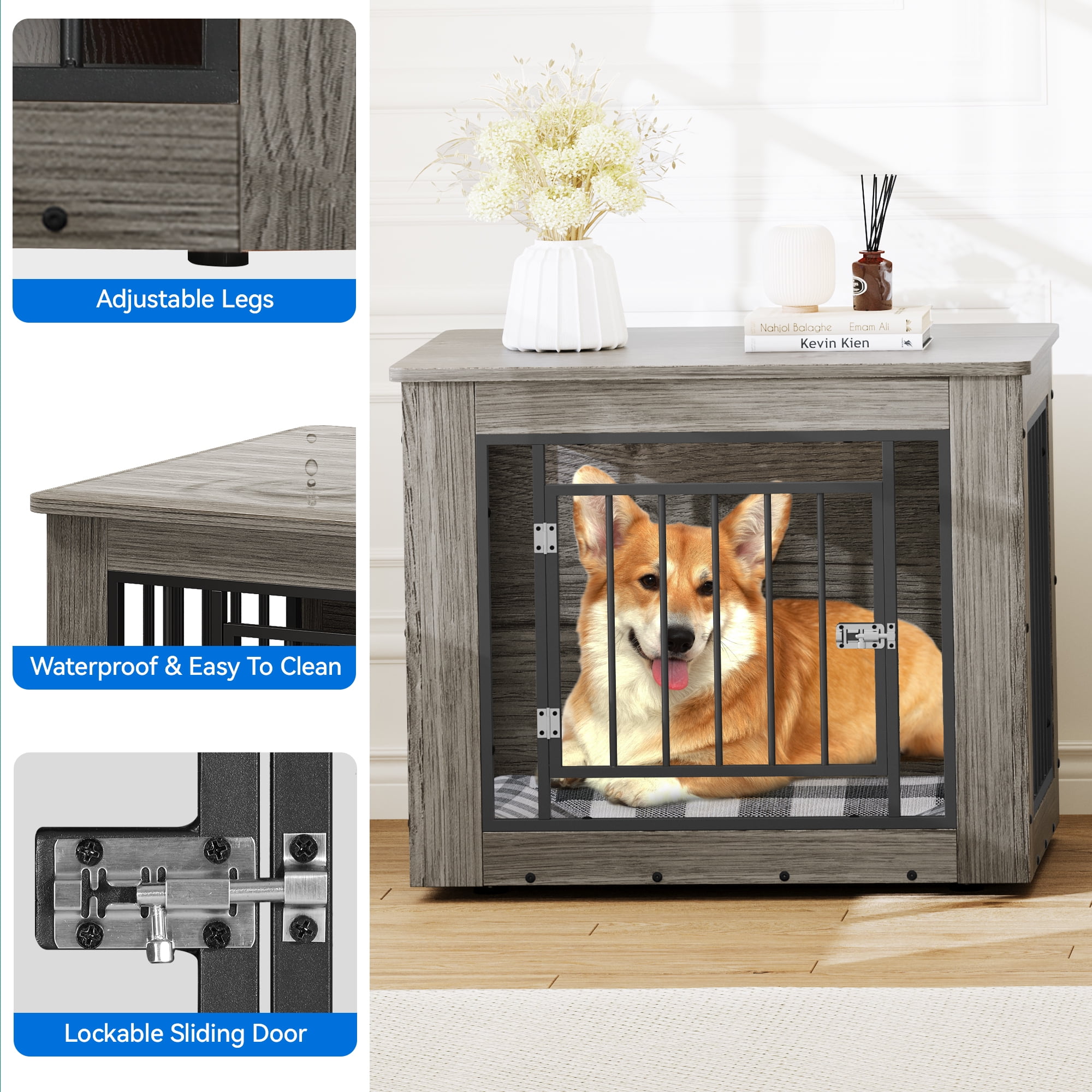 Dextrus Large Dog Crate Furniture, 2-in-1 Wooden Indoor Dogs Kennel Furniture with Waterproof Top&Safety Corners -30.1"L x 21.1"W x 25.0"H,Grey