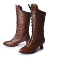 thumbnail image 2 of Fesfesfes Riding Boots For Women Shoes Winter Warm High Heel Casual Retro British Style Solid Color Lace Up Pointed Mid Calf Knight US:6.5(38), 2 of 6