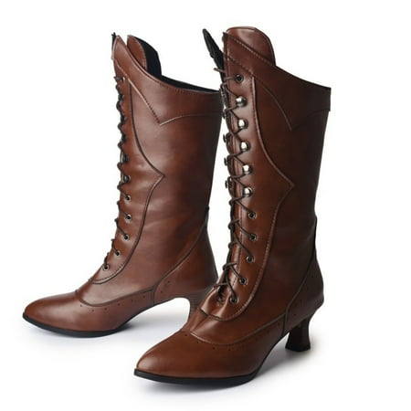 

VKEKIEO Women S Mid-Calf Boots Peak Toe High Heel Heels Lace Lace-Up Brown Fall Boots