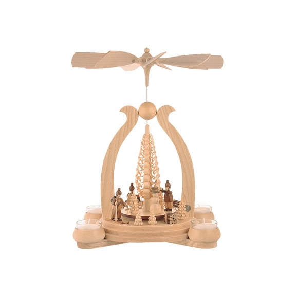 German christmas pyramid arch Winter motif, 1-tier, height 34 cm / 13 inch, natural with tealights, original Erzgebirge by Müller Seiffen MU 10360