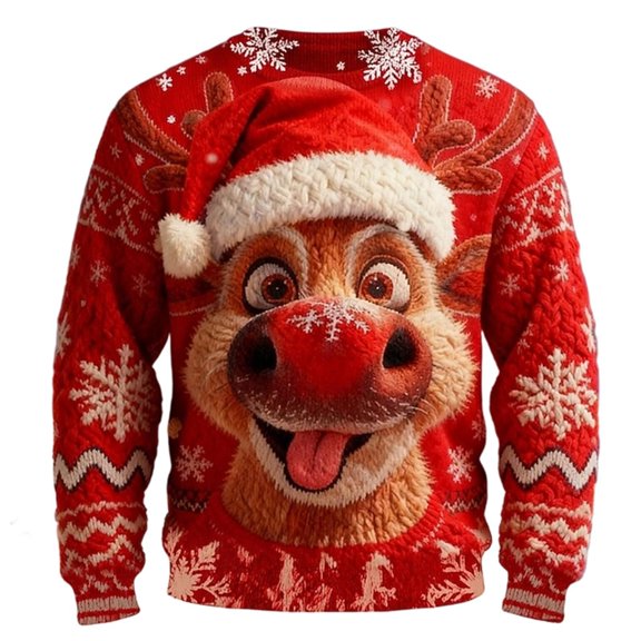 Telankuip Christmas Sweatshirts for Men Xmas Reindeer Pattern Long Sleeve Crew Neck Pullover Tops Trendy Knit-Like Funny 3D Print Relaxed Fit Outwear for Holiday Party Red2 XL