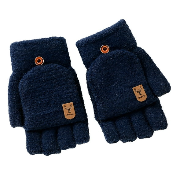 TELOLY Winter Warm Gloves for Men and Women Open and Full Finger Gloves Winter Knitted Fingerless Gloves Thermal Insulation Warm Convertible Mittens Flap Cover for Men Women Navy One Size