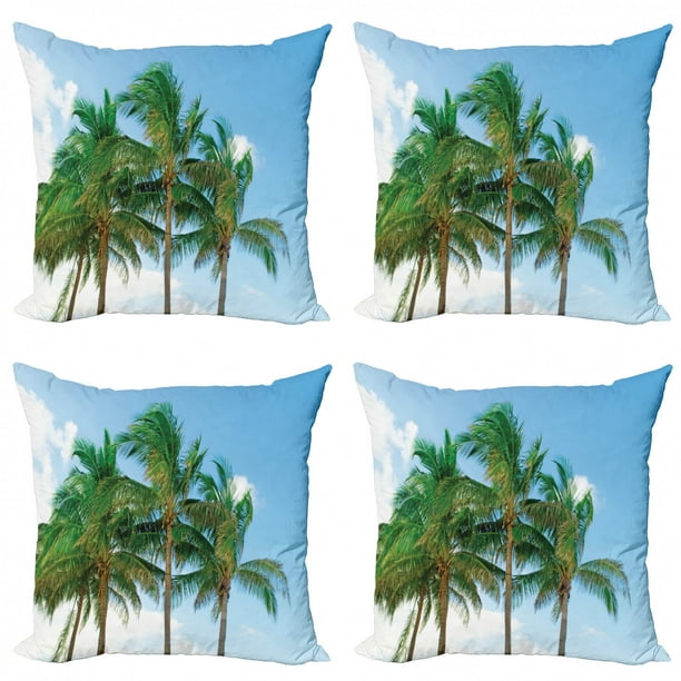 Tropical Throw Pillow Cushion Case Pack Of 4 Palm Tree Tops In The Sunny Sky Relaxing Exotic Idyllic Nature Serene Scenery Image Modern Accent Double Sided Print 4 Sizes Green By Ambesonne