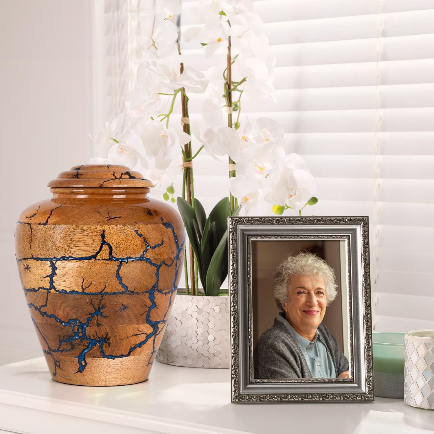 Wooden Cremation Urns for Human Ashes Adult Male 200 Cubic Inches - Urns for Ashes for Women & Men - Blue Urn for Ashes Adult Male - Decorative Urns - Burial and Funeral Urn