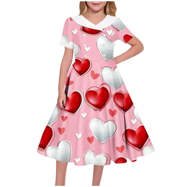 Vestido de manga corta con cuello en V para niña, estampado de manga corta, falda con cuello doblado y cintura mediana y grande, de poliéster.
