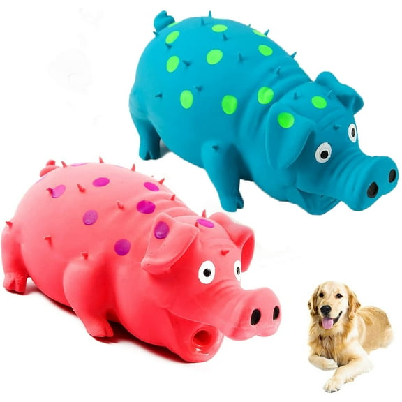 Squeaky Pig Dog Toys, 2 Pack Durable Rubber Pig Squeaker Dog Puppy Chew Toys, Latex Interactive Squeak Funny Cute Dog Toy Set,Red   Blue