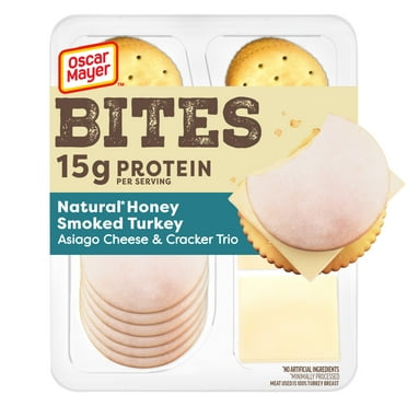 Oscar Mayer Bites Honey Smoked Turkey, Asiago Cheese & Cracker Trio Meat & Cheese Snack Plate, 3.3 oz Tray
