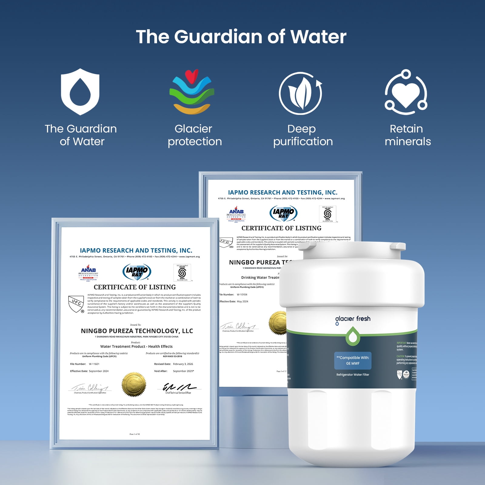 GLACIER FRESH MWF Refrigerator Water Filter Replacement, NSF/ANSI 53 & 372 Certified, Compatible with SmartWater MWFP, MWFA, GWF, HDX FMG-1, WFC1201, RWF1060, 2 Pack