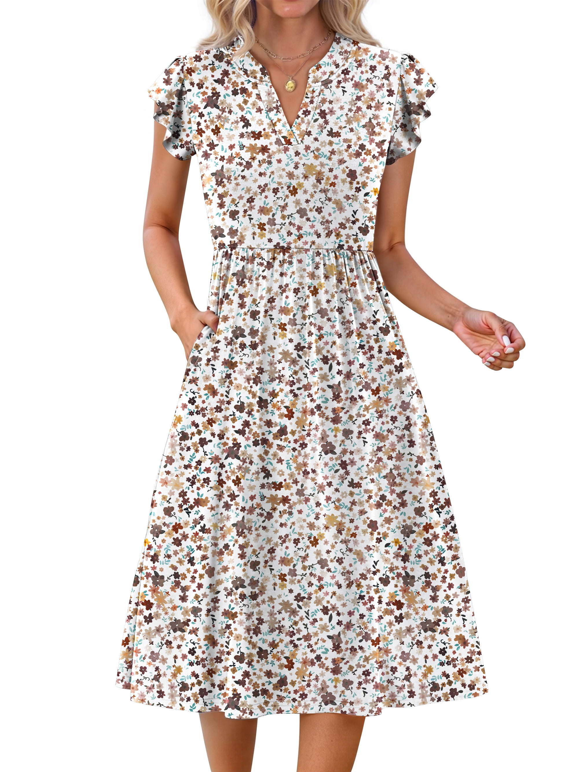Fantaslook Summer Dresses for Women Ruffle Sleeve V Neck Midi Dresses Fashion Casual Flowy Vacation Sundress