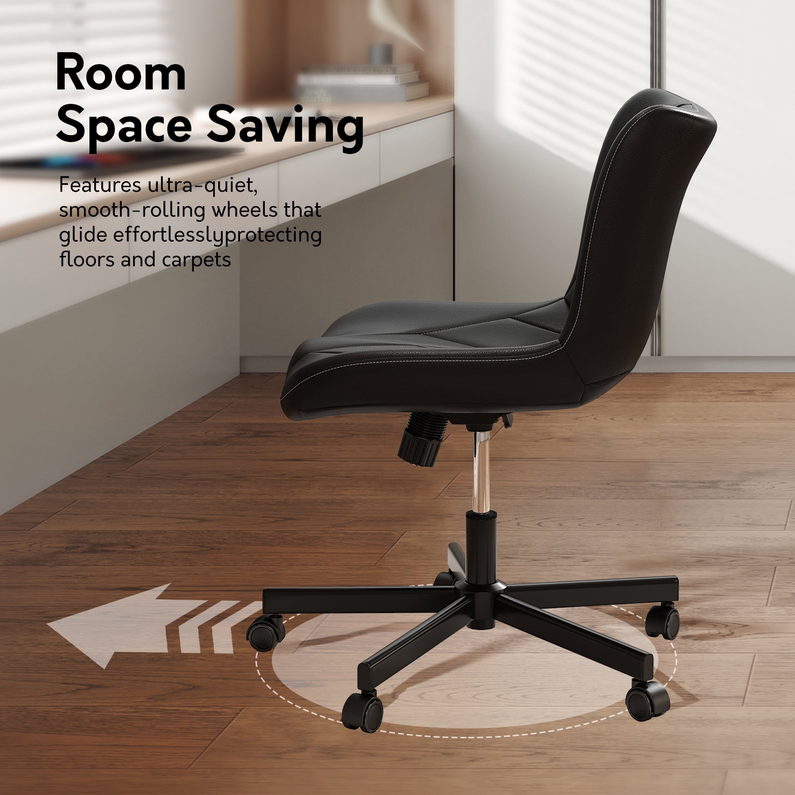 Ninecer Adjustable Armless Office Chair, Leather Desk Chair with Wheels, Office Chair for Home Office, Computer Rolling Chair for Adults, Comfy Task Chair, Black