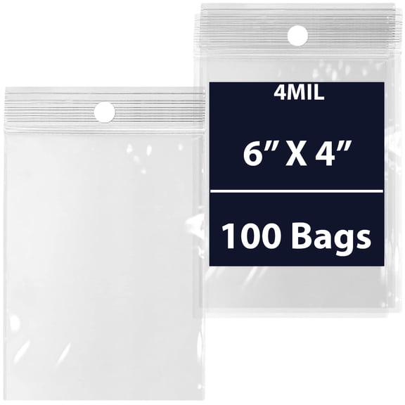 Reclosable Hang Hole Poly Bags - 6 x 4 & (100 Bags) 4 Mil Clear Plastic with Resealable Lock Seal Zipper | Durable Poly Baggies | Resealable Zip Top Lock For Jewelry, Storage, Packaging & Shipping