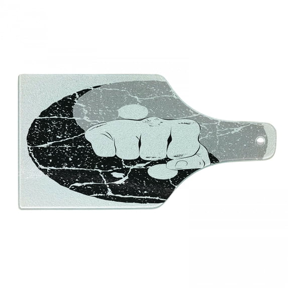 Kung Fu Cutting Board, Fist in Grunge Design Yin Yang Karate Themed Image, Decorative Tempered Glass Cutting and Serving Board, in 3 Sizes, by Ambesonne
