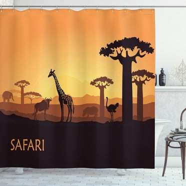 Ambesonne Savannah Shower Curtain, Exotic and Pastoral Sunset, 69"Wx70"L, Dark Brown and Apricot