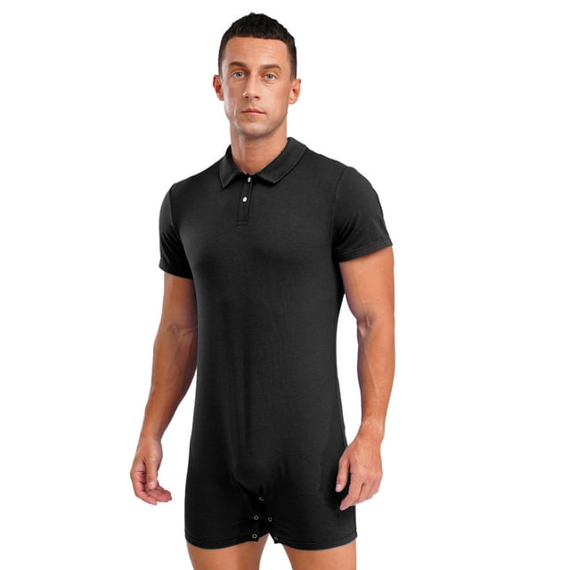 LiiYii Combinaison à Manches Courtes pour Hommes, Pyjama une Pièce Extensible, Justaucorps de Gym, Col à Revers, Noir TTG