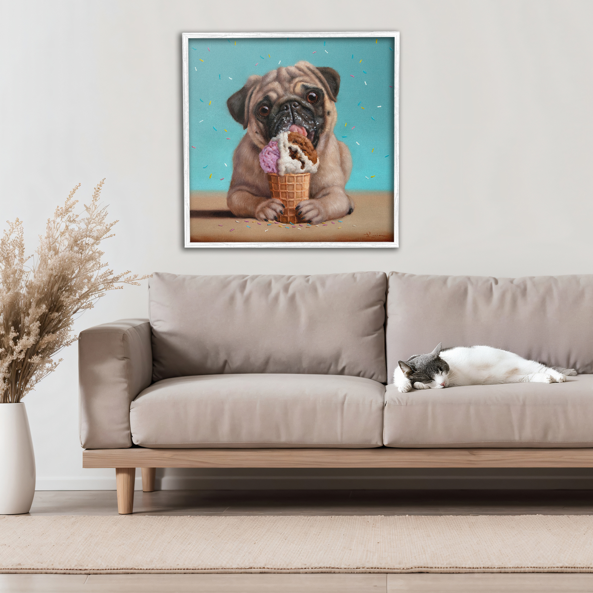 Neapawlitan Ice Cream & Dog White Framed Giclee Art, design by Lucia Heffernan