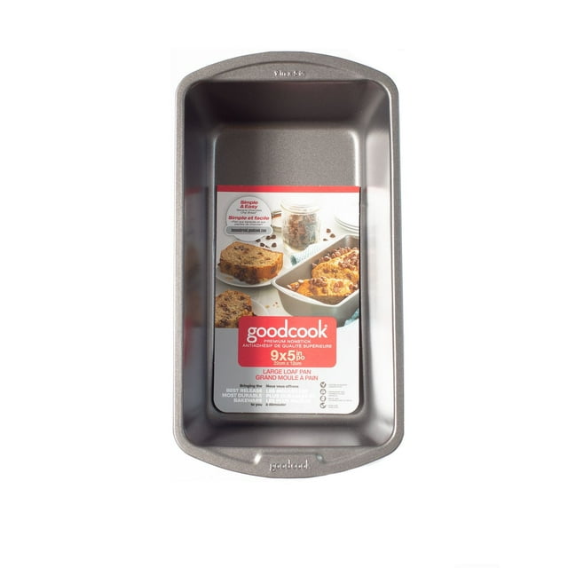 Gray GoodCook Everyday nonstick steel loaf pan, 9 by 5 inches, featuring a product label with baking images and size details.